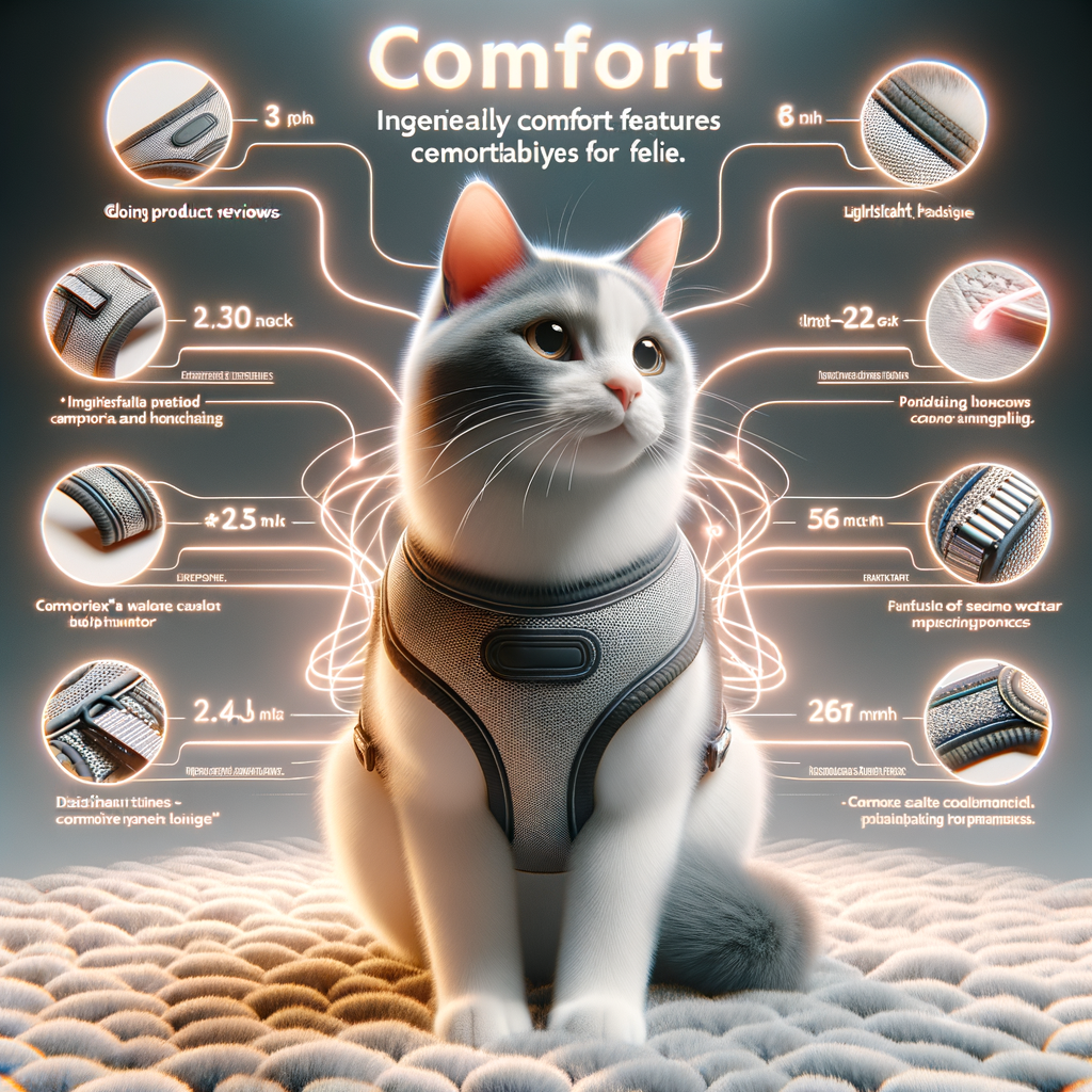 High-quality, lightweight and flexible cat harness enhancing cat comfort, with visible product reviews and benefits highlighted, perfect example of comfortable cat harnesses and cat comfort products.