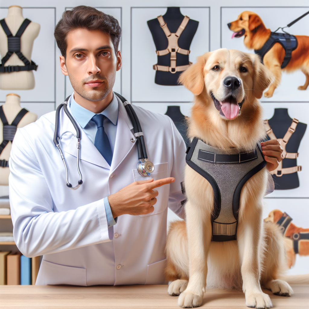 Veterinarian demonstrating comfortable harness design addressing breathing concerns, showcasing variety of harnesses designed for easy breathing and solving restricted breathing issues in pets.