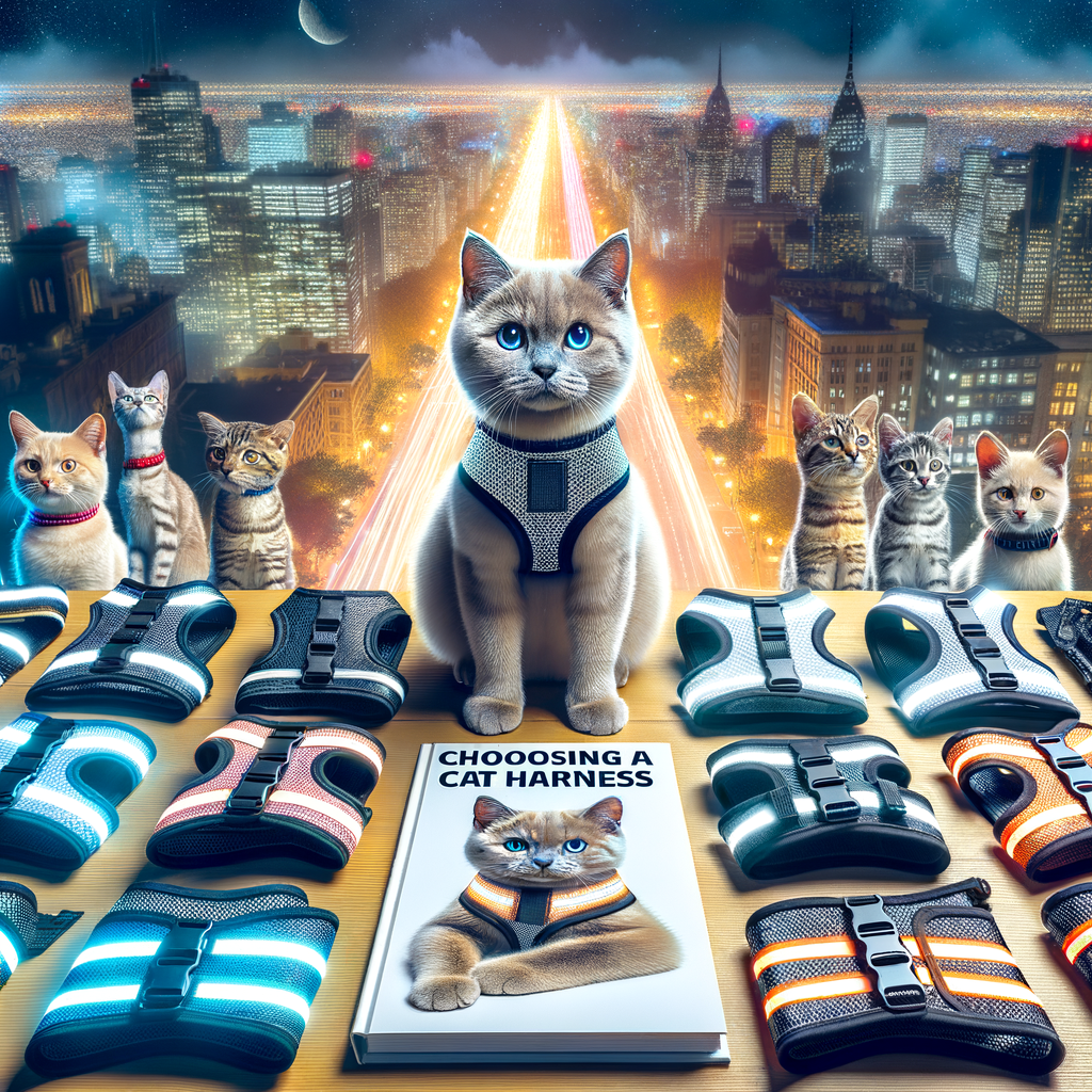 Variety of reflective cat harnesses on a table with a nighttime cityscape background, a 'Choosing a Cat Harness' guide book and other reflective pet accessories emphasizing nighttime visibility and cat safety gear