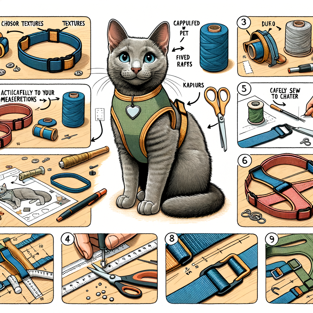 Step-by-step DIY cat harness tutorial showcasing the crafting process of a customized cat harness for optimal comfort, from material selection to fitting the homemade harness on a cat for a comfortable fit.