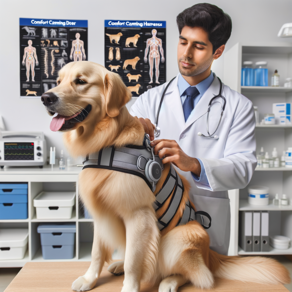 Veterinarian demonstrating the use of comfort calming harnesses on a relaxed dog, showcasing the effectiveness of these anxiety relief harnesses as a pet anxiety solution, highlighting their role in anxiety control for dogs.