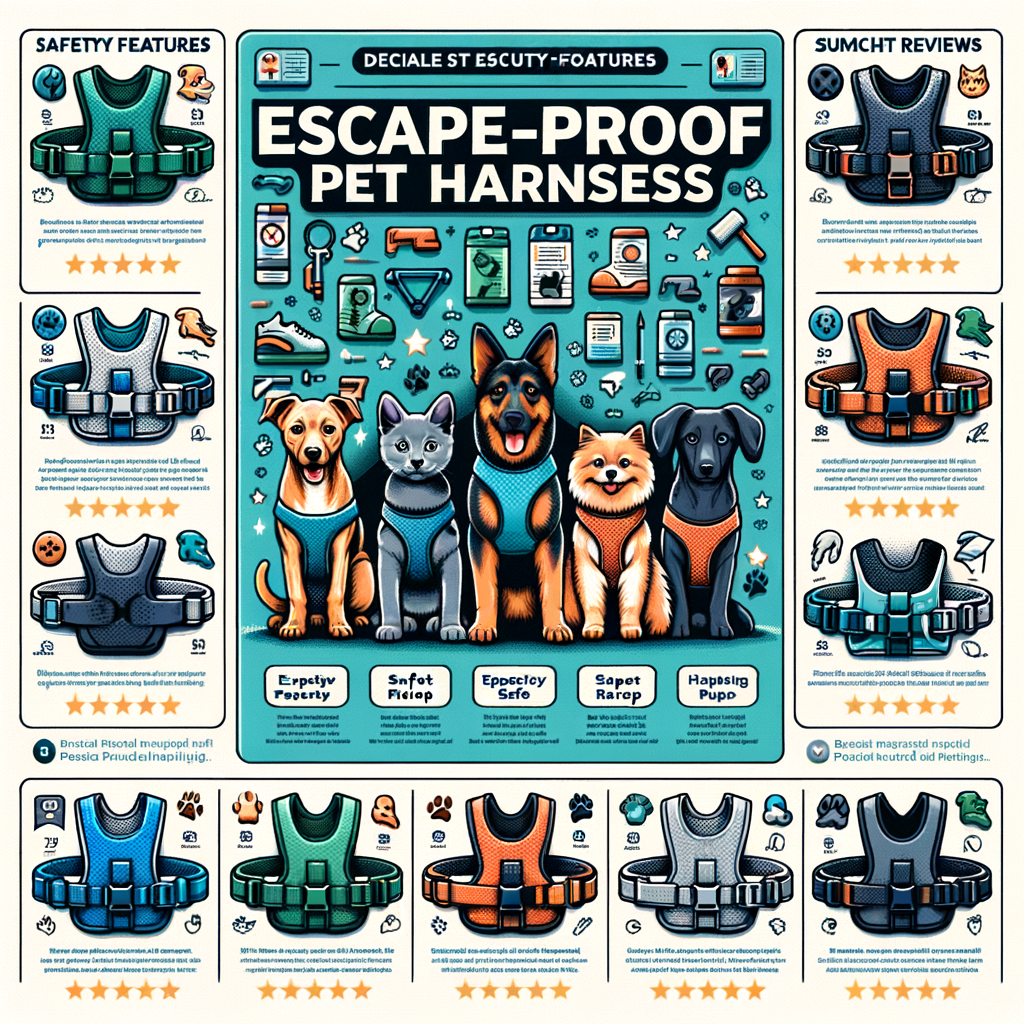 Infographic reviewing and comparing escape-proof pet harnesses for dogs and cats, highlighting safety features, design, and effectiveness for an article on assessing pet harnesses.