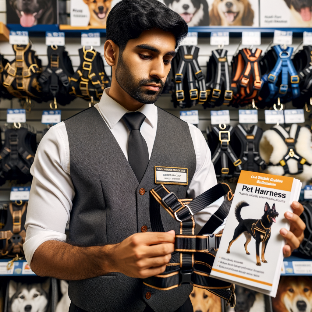 Professional pet trainer choosing an adjustable dog harness with customizable neck and chest straps from a variety of options in a pet store, with a visible 'Pet Harness Guide' for harness selection, emphasizing the importance of choosing the best adjustable harness for dogs.
