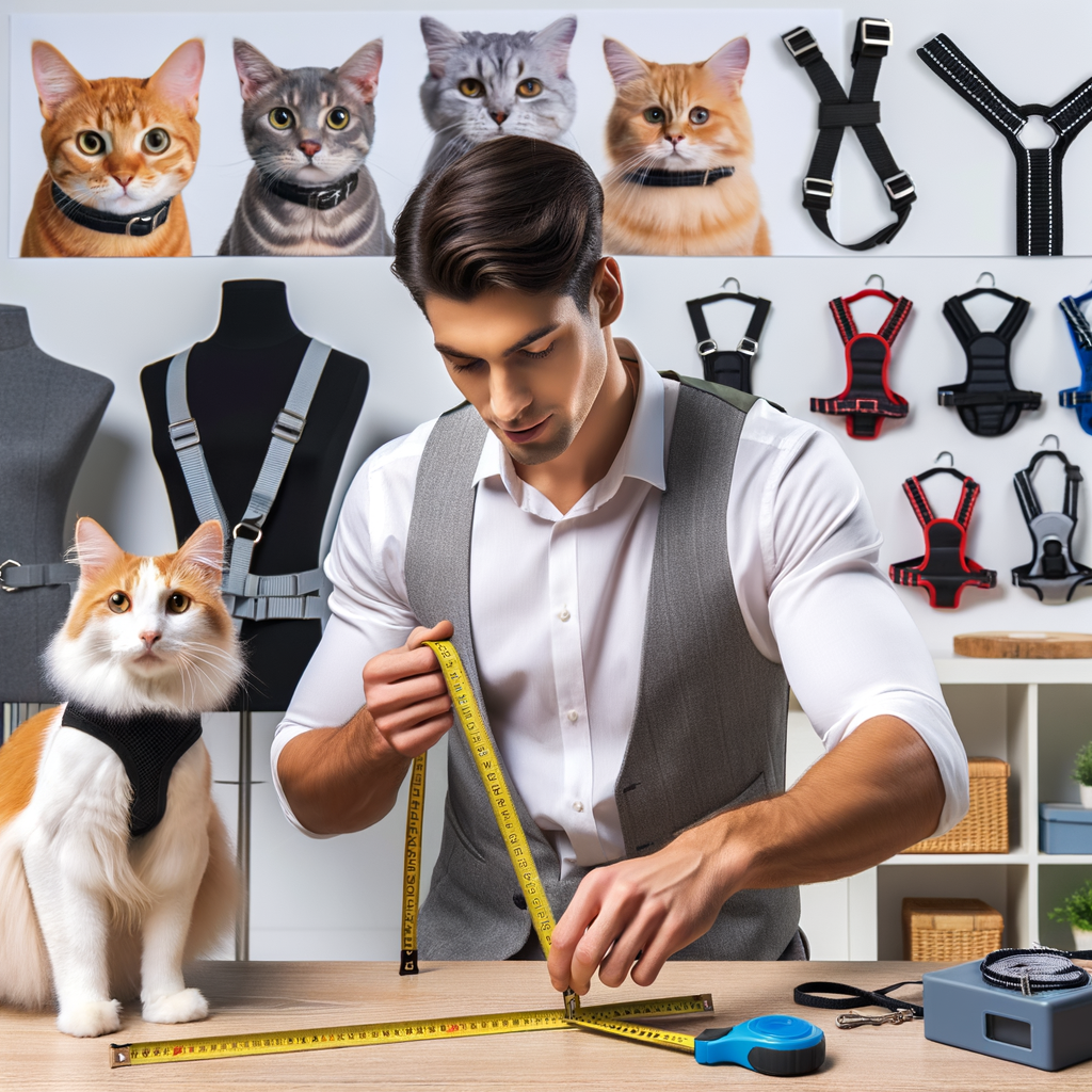 Professional cat trainer demonstrating how to measure the right length for a cat leash attachment, with a variety of best cat harness and leash sets and a cat harness size guide on display