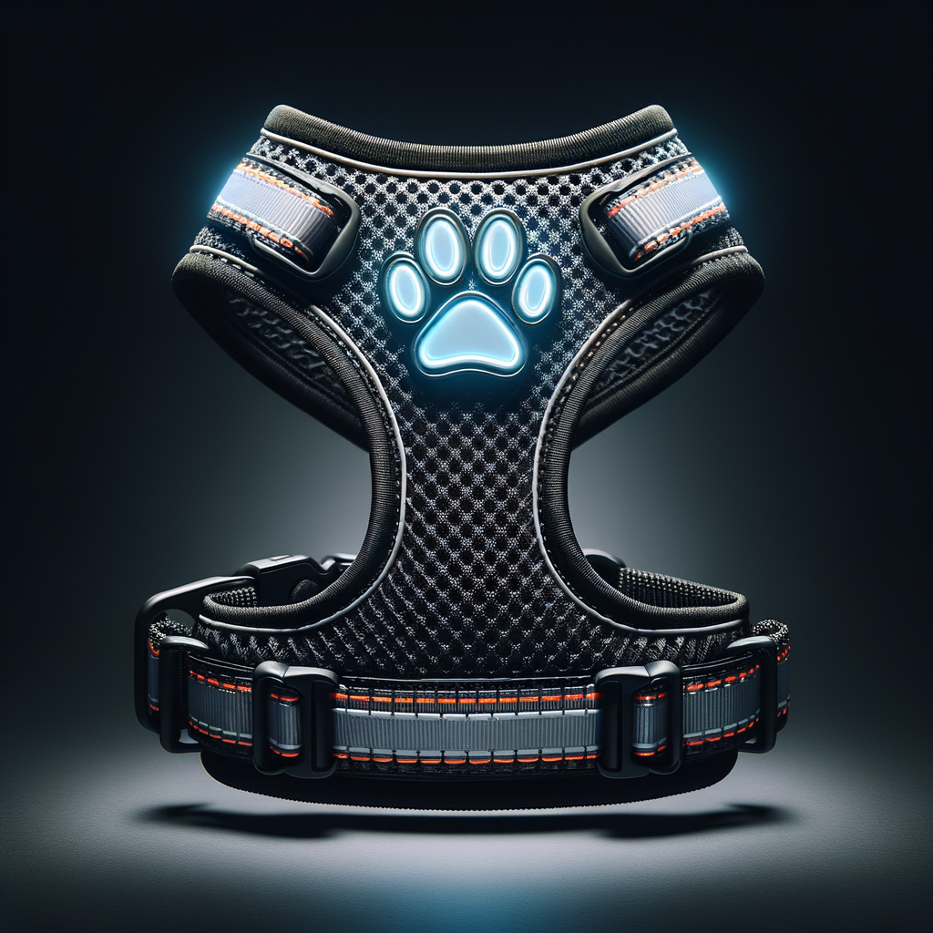 High visibility dog harness with reflective paw prints emphasizing dog safety at night, showcasing the benefits of reflective pet accessories and harnesses for dogs.