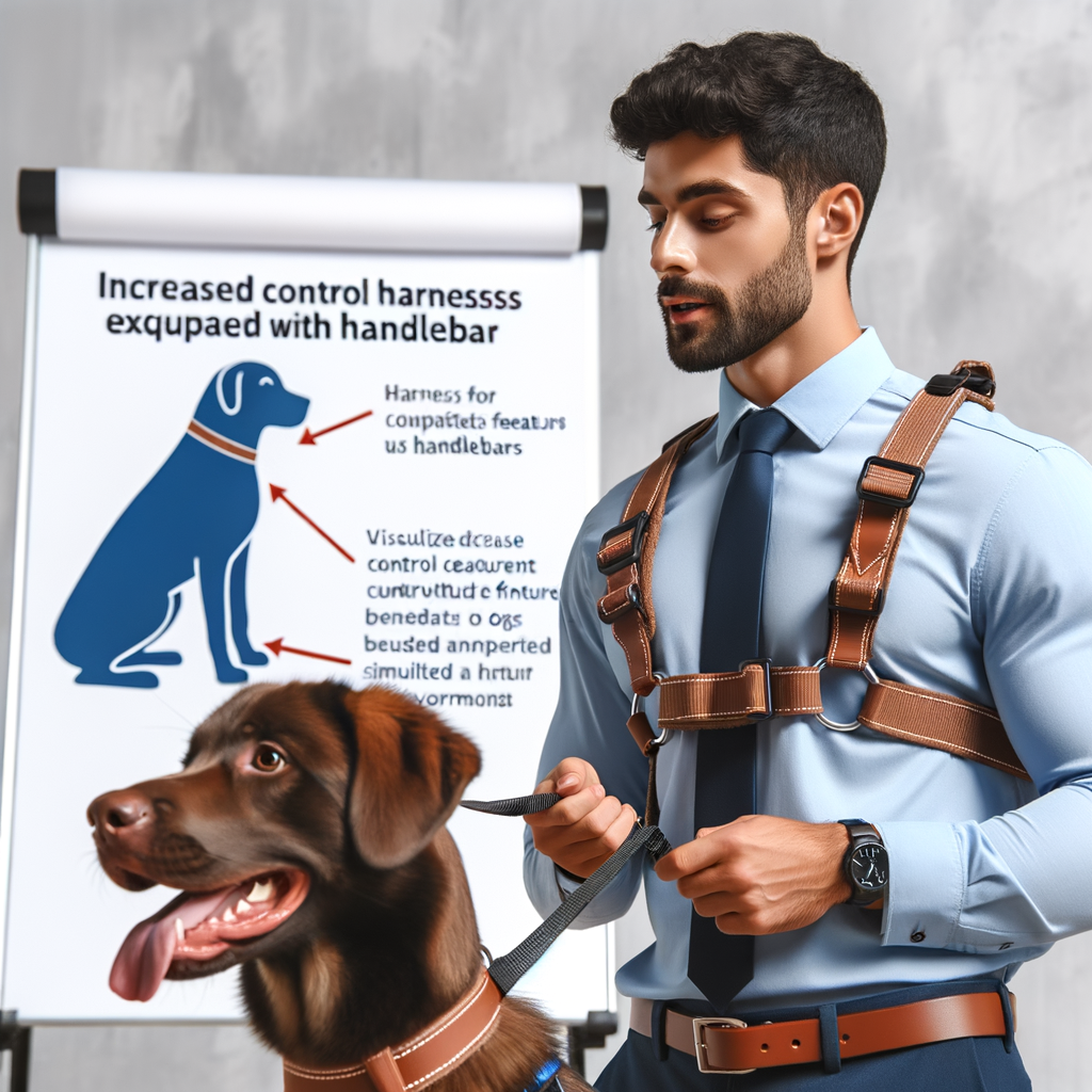 Professional trainer demonstrating the benefits and control features of handlebar harnesses on a well-trained dog, showcasing the advantages of harnesses with added control