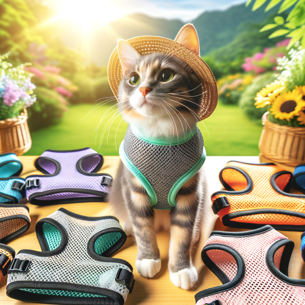 Colorful breathable mesh cat harnesses displayed against a sunny summer backdrop, perfect hot weather cat gear and comfortable summer cat accessories.
