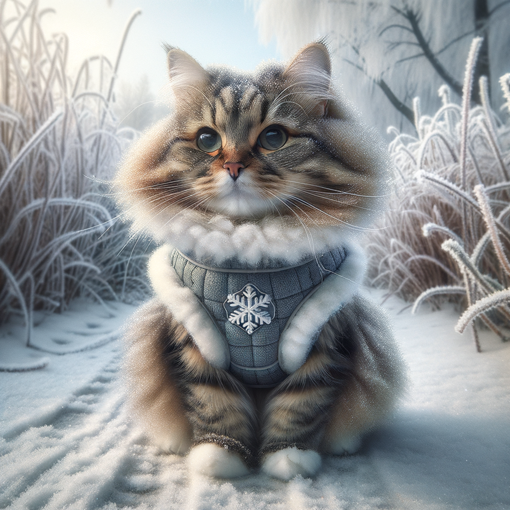 Fluffy cat wearing an insulated cat harness for winter, demonstrating effective cat cold weather protection and winter cat care, essential for outdoor cats in cold weather.