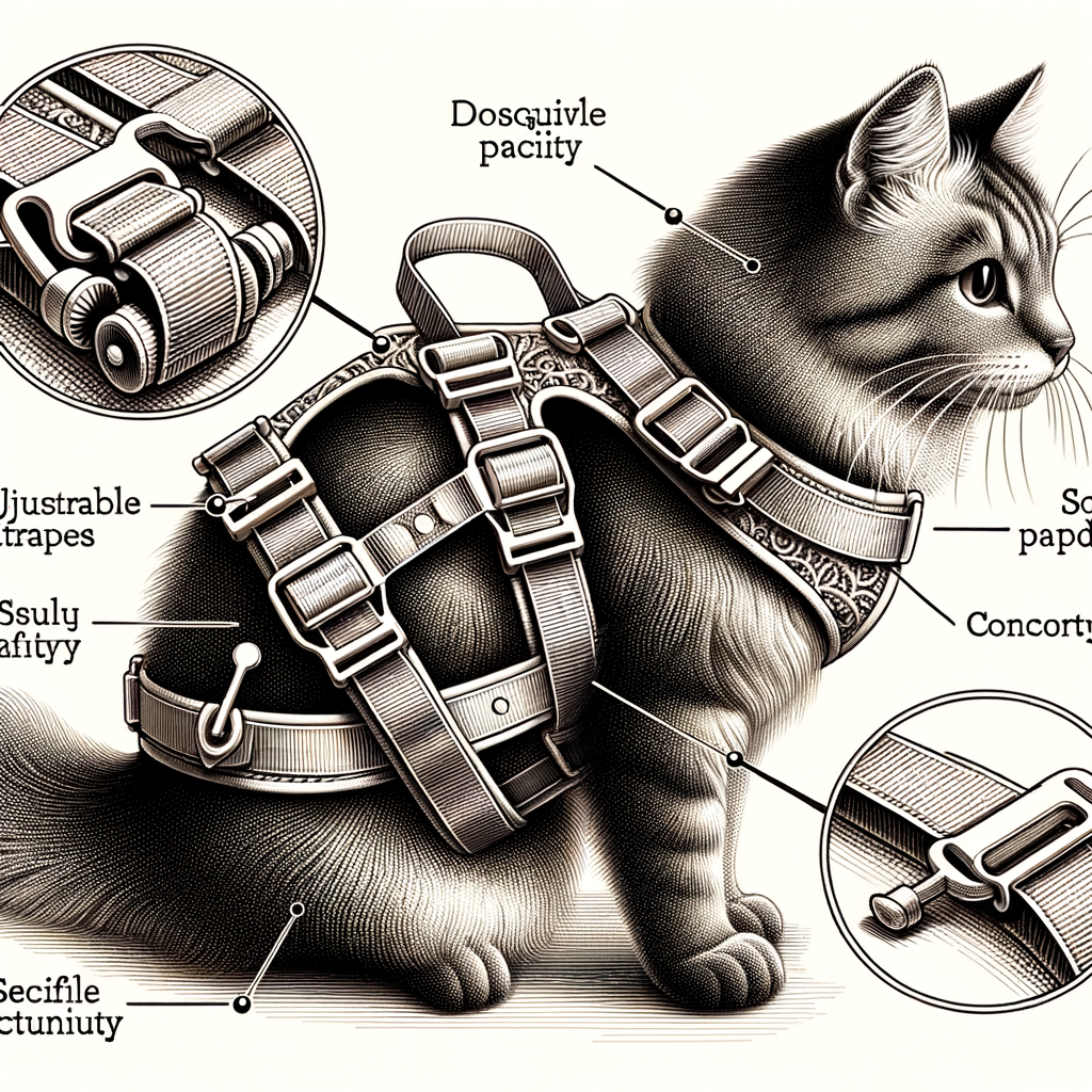 Secure cat harness with adjustable straps, showcasing safety features to address common cat harness concerns, providing security and comfort for your pet.