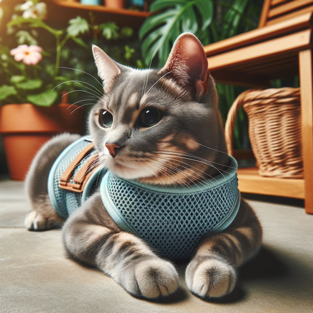 Domestic cat lounging in shade wearing a ventilated cat harness, demonstrating effective cat cooling techniques and benefits of harnesses for cat heat safety during hot weather, highlighting summer cat care and hot weather pet care.