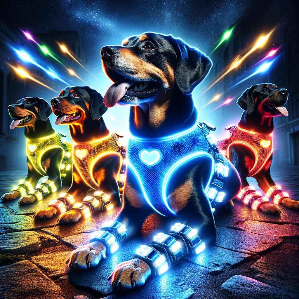Variety of vibrant LED light-up harnesses for dogs, enhancing nighttime visibility and pet safety