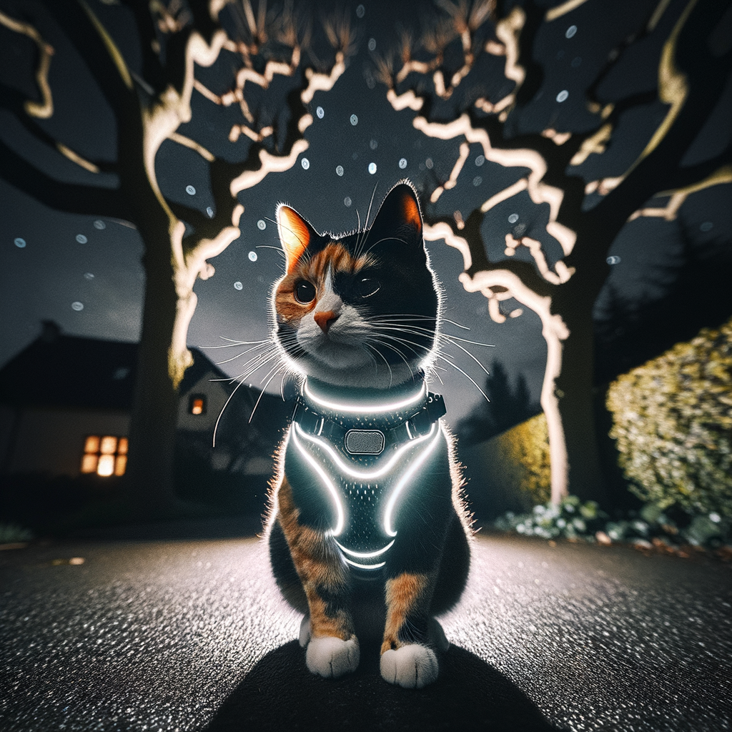 Reflective cat harness glowing during an evening stroll, highlighting the benefits of this essential cat accessory for night safety and the importance of such cat walking equipment for outdoor safety.