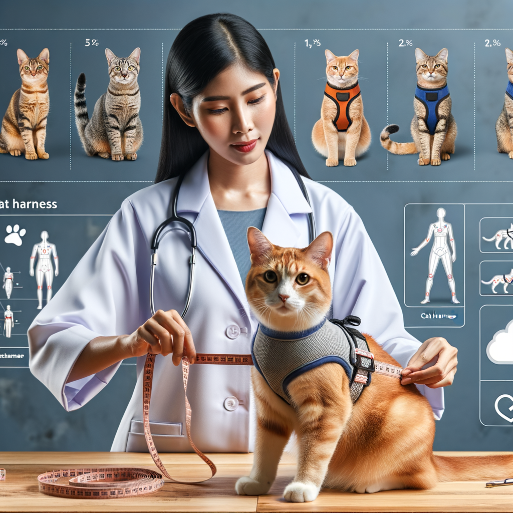 Veterinarian demonstrating cat harness measurement with a size guide, providing tips on choosing the right harness for unique body shaped cats, emphasizing the importance of harness fit for cats.