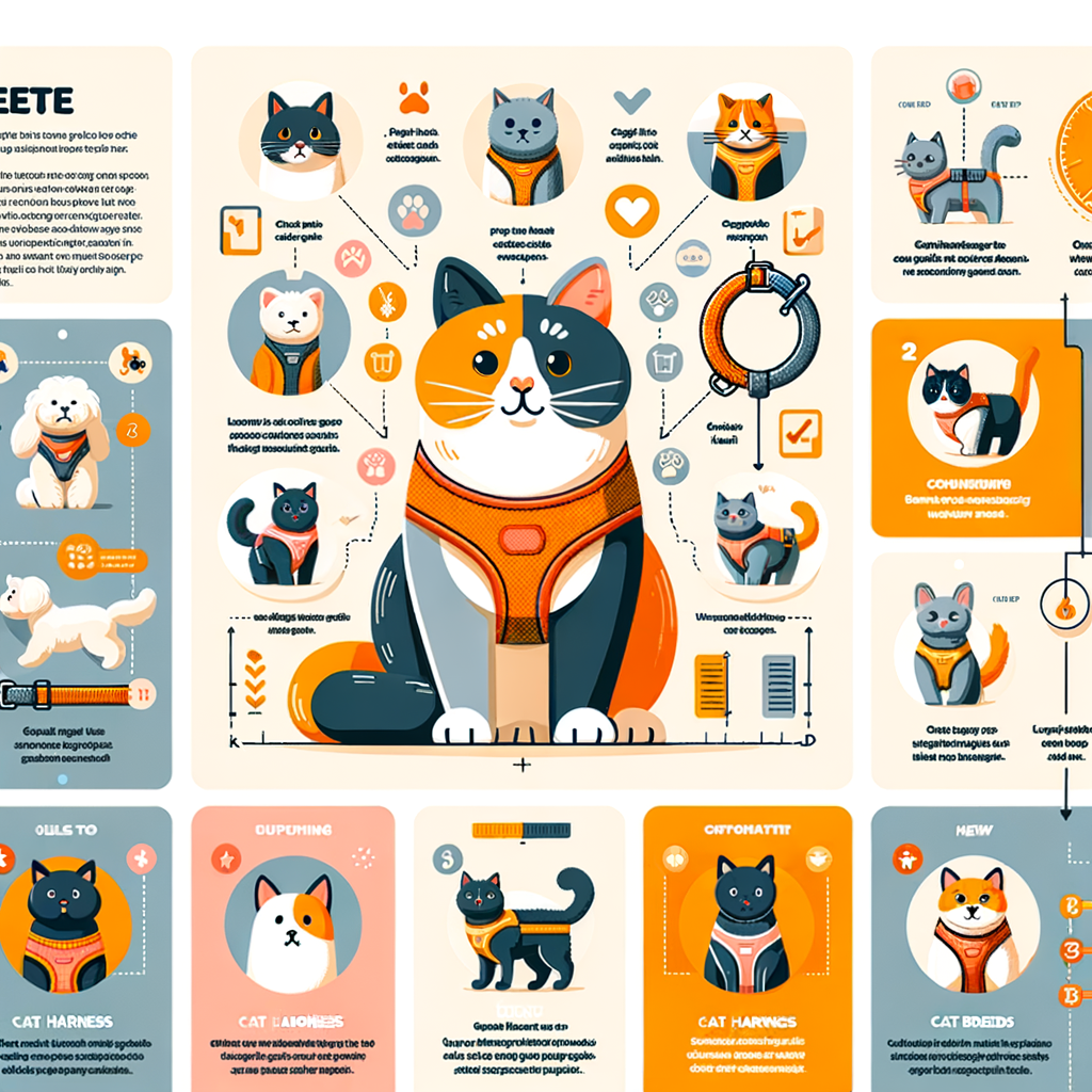 Infographic illustrating a Cat Harness Size Guide, highlighting the process of Choosing Cat Harness for various Cat Breeds and Harness Sizes, with tips on selecting the Right Size Harness for Cats.