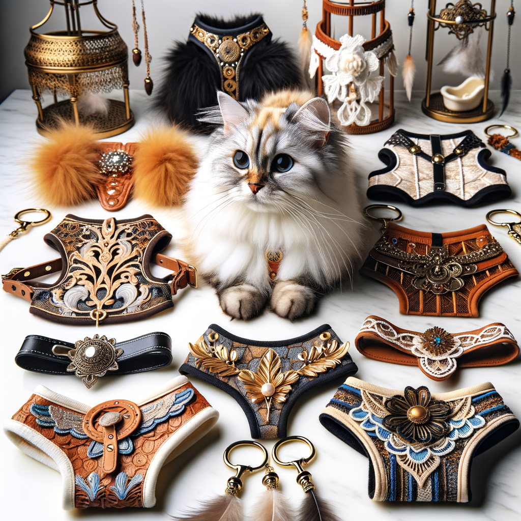 Assortment of fashionable cat harness designs in unique patterns, trendy and designer styles, showcasing high-quality cat fashion accessories in line with latest pet fashion trends.