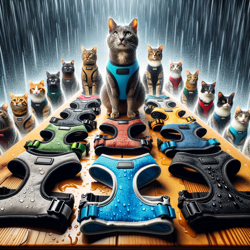Assortment of durable, waterproof cat harnesses in various colors and designs, demonstrating rain resistance on a rainy day for an article reviewing their quality and wet weather properties.