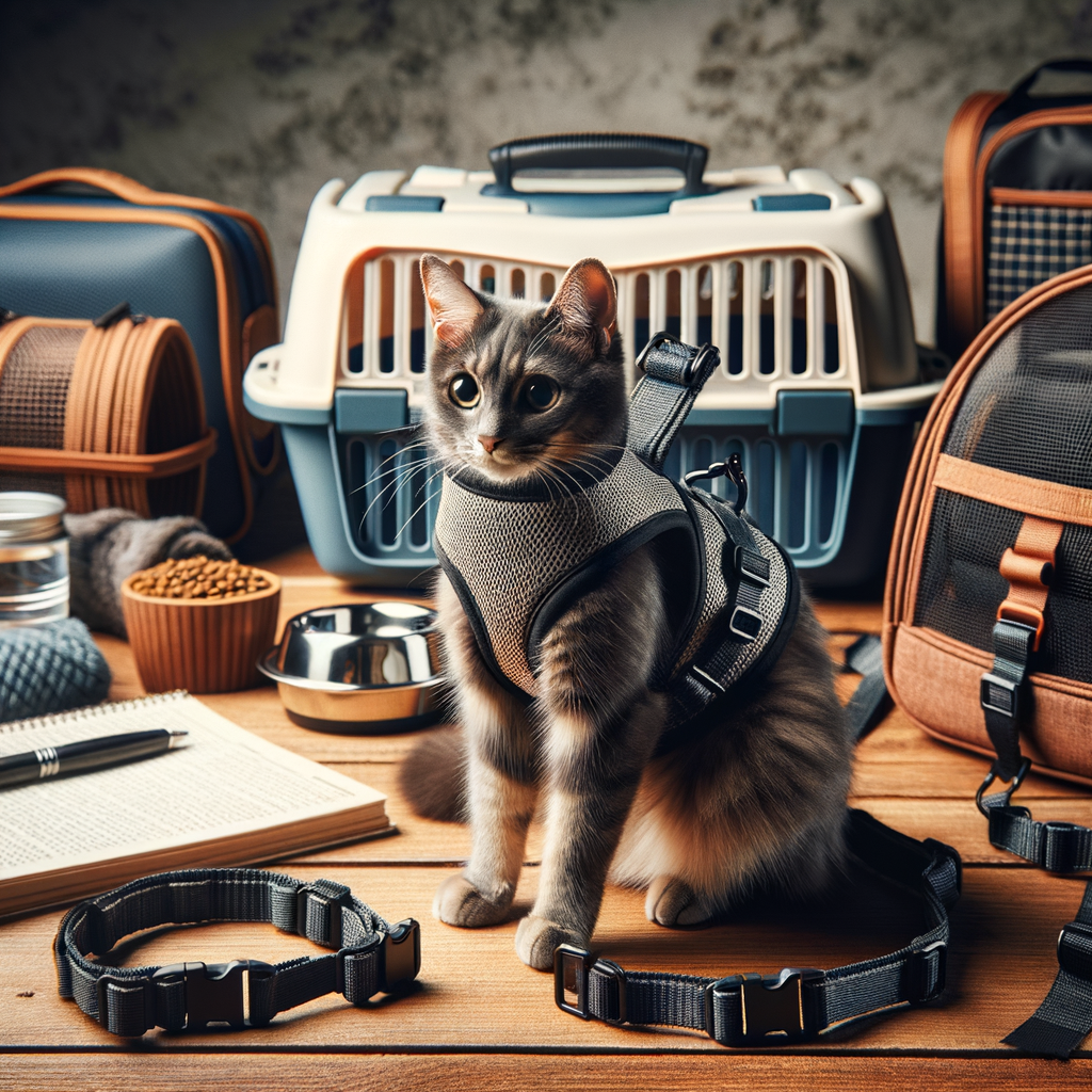 Travel-friendly cat harness with adjustable straps, secure buckles, and breathable material, displayed with cat road trip essentials like a portable water bowl and carrier, showcasing the best features of safe cat harnesses for travel.