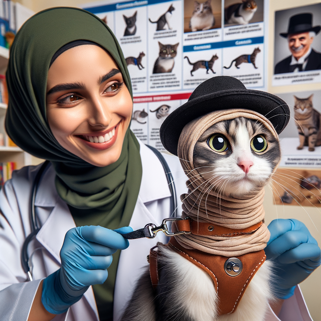 Veterinarian demonstrating secure cat harness fastening on a playful Houdini-like cat, with a cat harness guide and safety tips for preventing cat escape in the background.