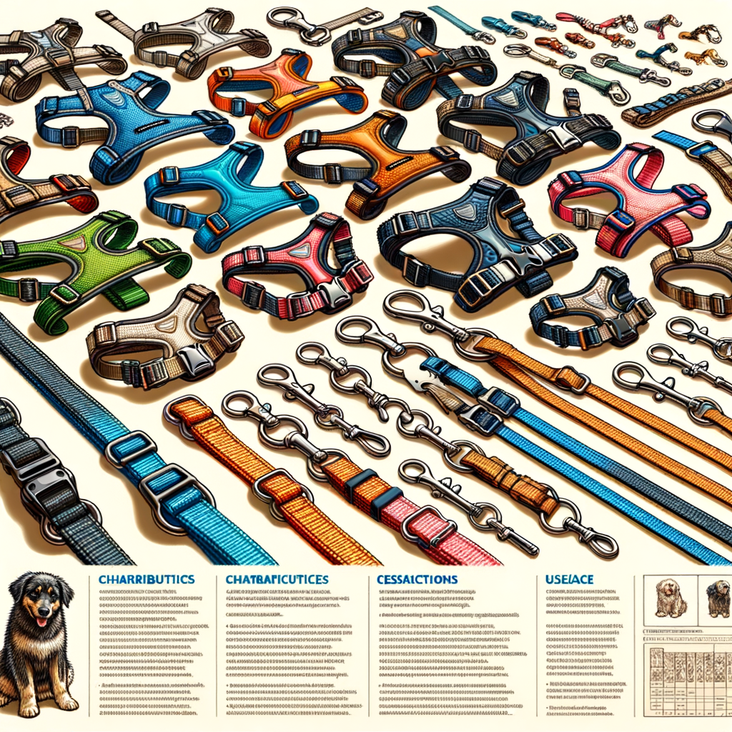 Assortment of adjustable dog harnesses with multiple leash attachment points, featuring a pet harness guide and tips for choosing the right harness, showcasing customizable harness features and various dog leash accessories.