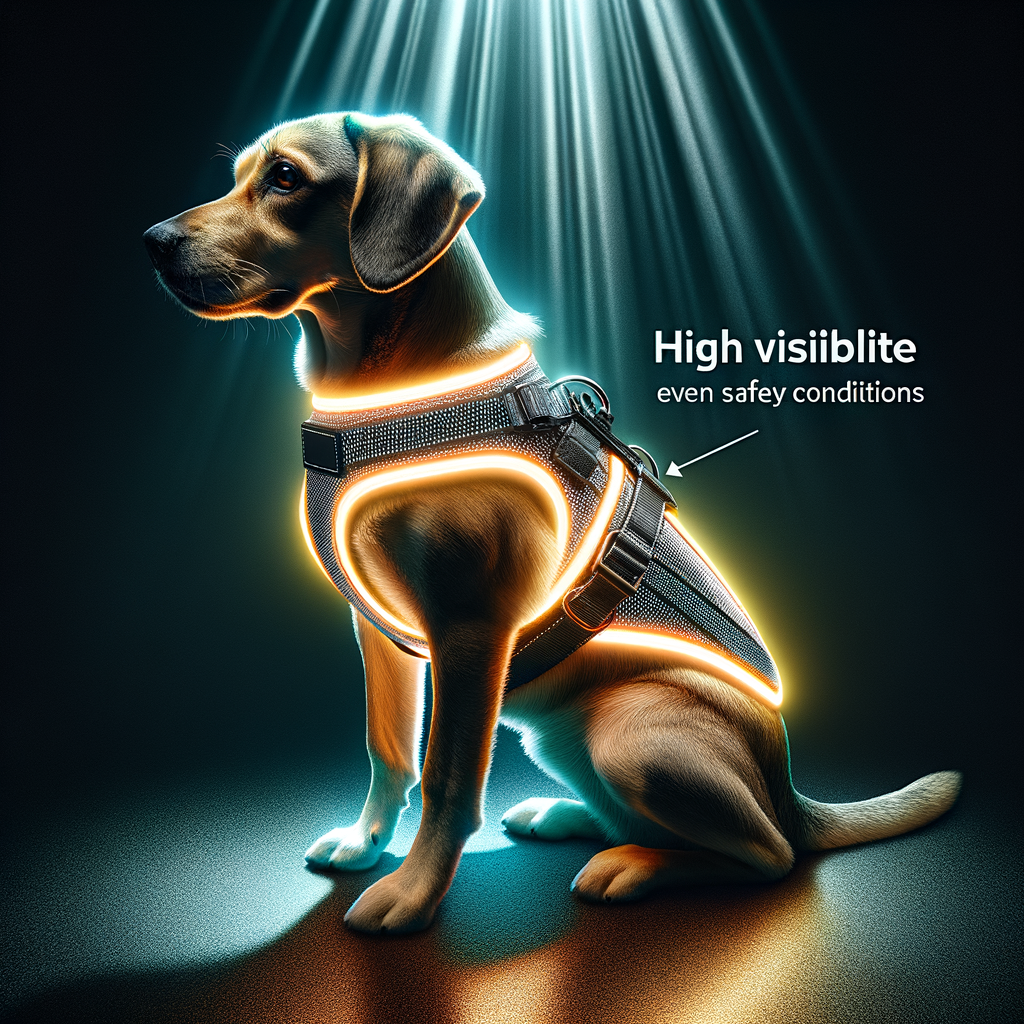 High visibility reflective dog harness showcasing its safety benefits in a dimly lit environment, a top choice among reflective pet accessories for night safety.