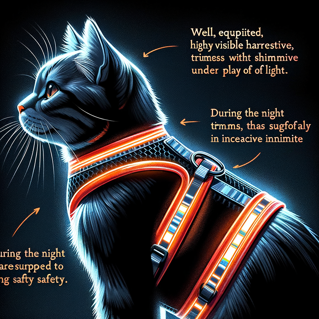 High visibility cat harness with reflective trim enhancing night visibility for cats, illustrating the role of reflective trim in increasing pet safety and cat harness visibility.