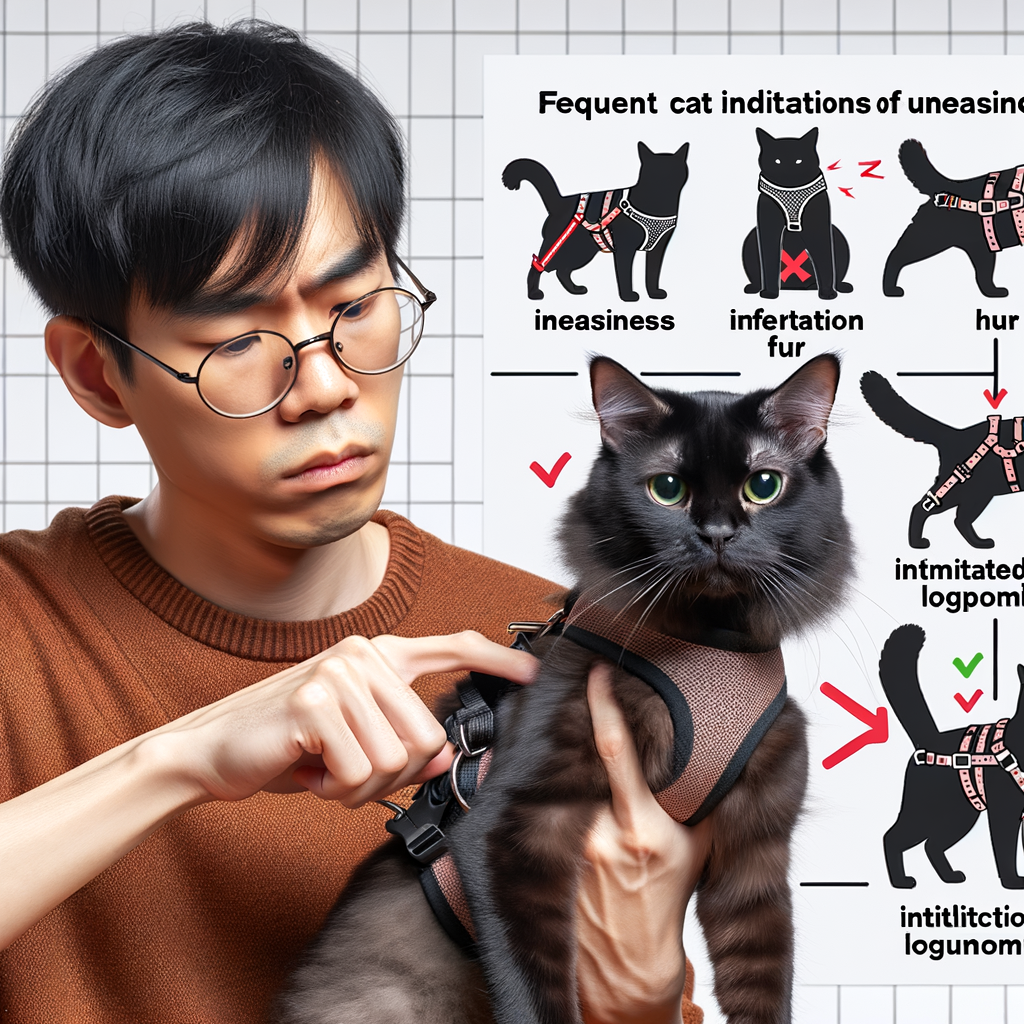 Pet owner checking cat harness for signs of discomfort, demonstrating proper and poor fit with a cat harness fit guide, highlighting common cat harness issues and adjustments.