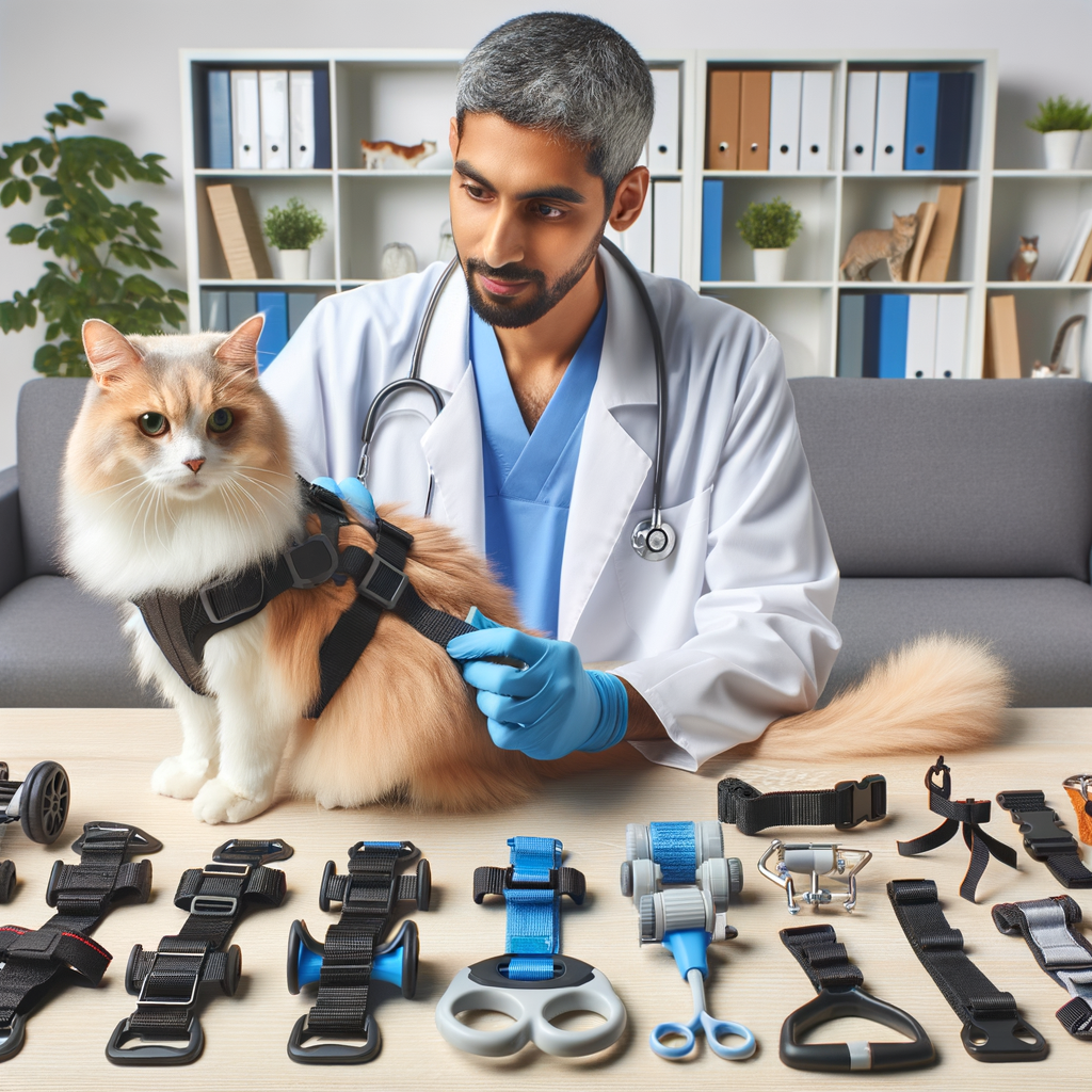 Veterinarian demonstrating the use of various senior cat harnesses and cat mobility aids for support in senior cat care, highlighting the importance of understanding cat harnesses for elderly cats' health