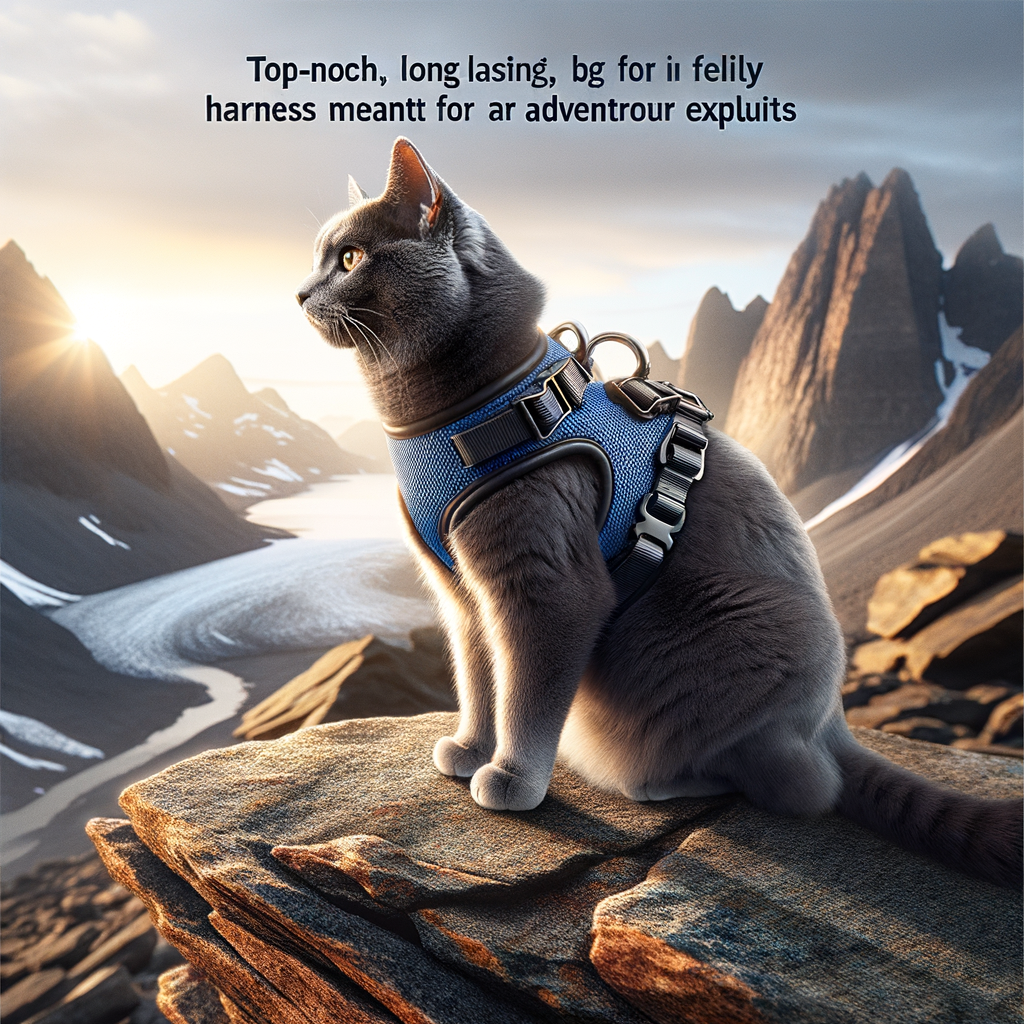 High-quality, durable cat harness showcased on rugged terrain, highlighting the importance of durability and sturdiness for adventurous, active cats on outdoor adventures.
