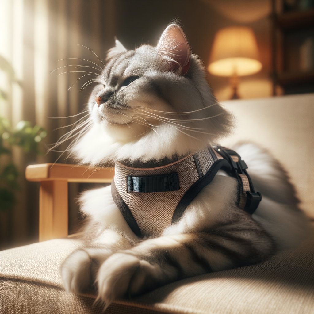 Contented cat enjoying the comfort and safety of a padded harness, illustrating the benefits of harnesses for cats with chest padding.