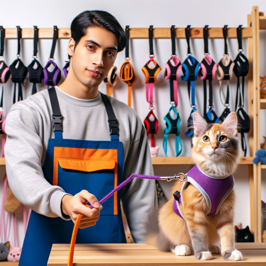 Professional cat trainer demonstrating leash training techniques using various cat harnesses and walking equipment, highlighting the benefits of leash walking for cats.