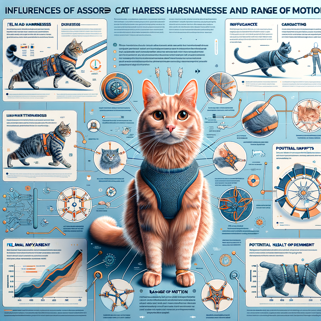 Infographic showing the impact of various cat harness designs on feline mobility, range of motion, and overall health, highlighting the effects of harness structures on cat movement.