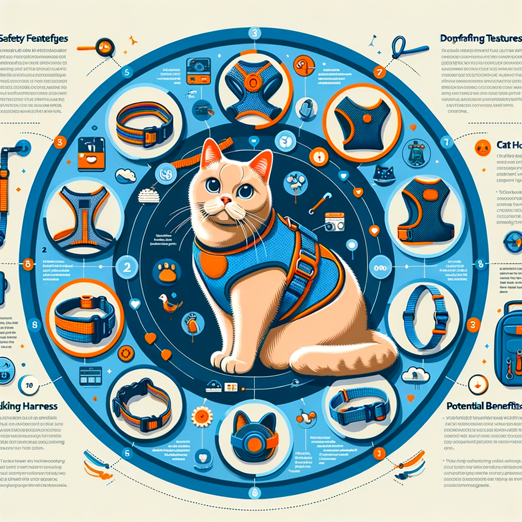 Infographic reviewing the best full-body cat harnesses, highlighting pros and cons, safety features, benefits, drawbacks, and cat harnesses training, featuring a cat wearing a walking harness.