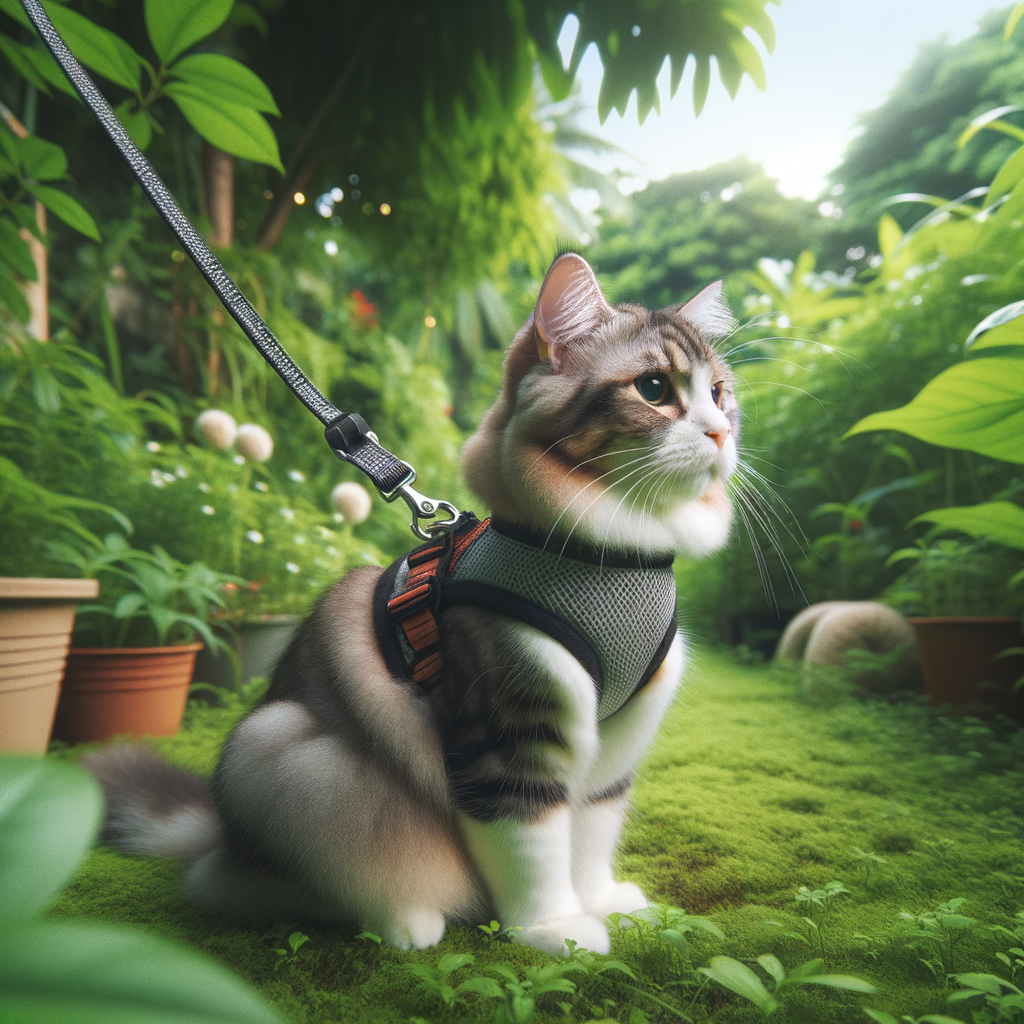 Contented cat experiencing the benefits of cat harness training in a lush outdoor environment, illustrating the importance of harnesses in enriching indoor cat lives, showcasing various cat harness types for safety and outdoor enrichment.