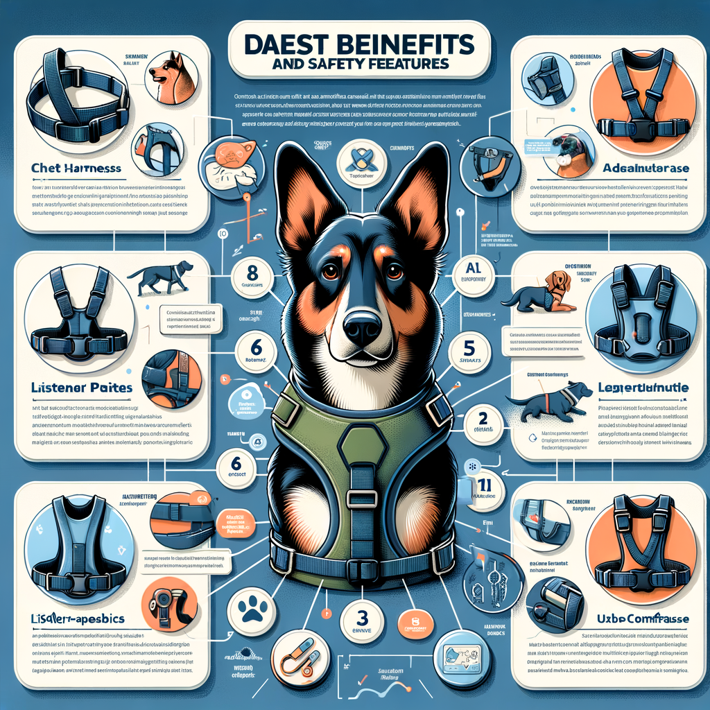 Infographic illustrating dog harness benefits, safety features of secure chest plate harnesses, and exploring harness advantages for pet harness safety