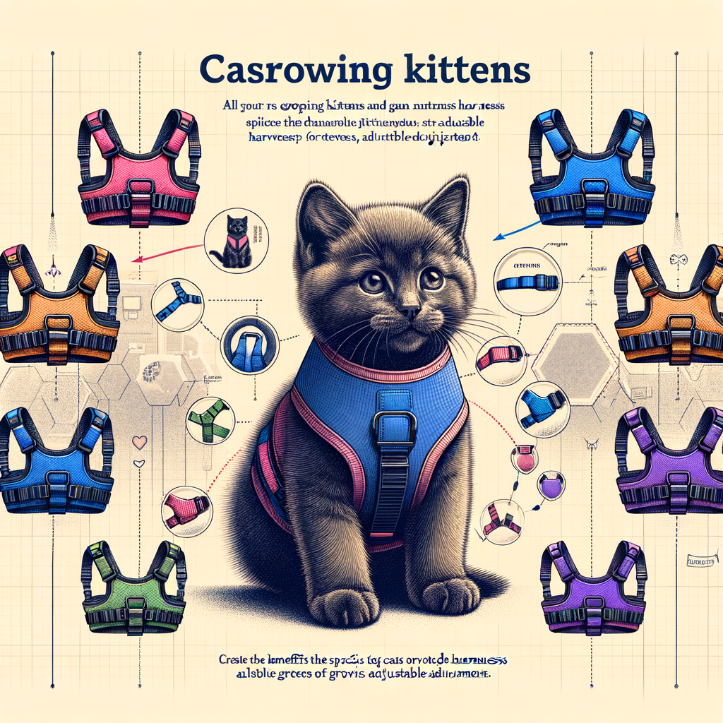 Variety of adjustable cat harnesses in different colors and sizes, showcasing the benefits and advantages for growing kittens' safety and growth