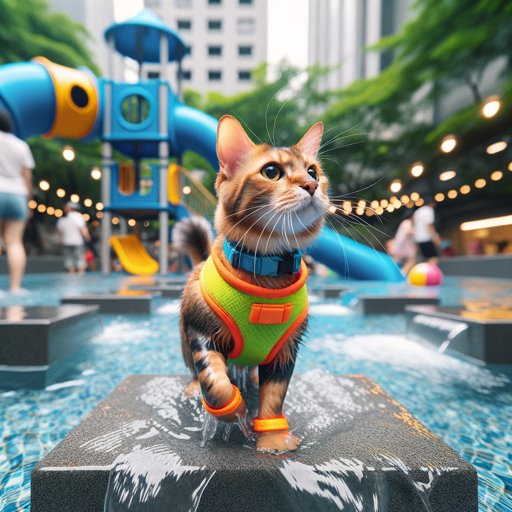Playful cat enjoying water activities with a waterproof harness, highlighting the importance of cat water safety and effectiveness of water-resistant cat gear and swimming accessories.